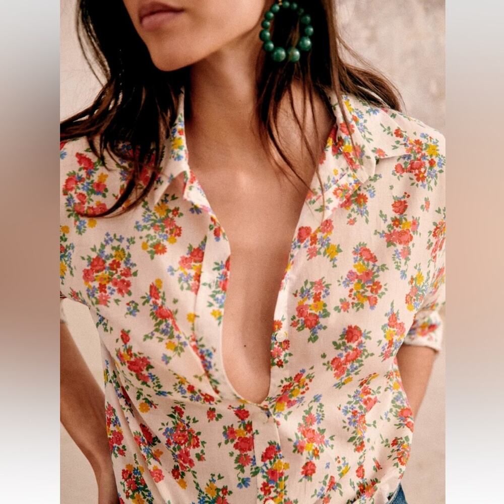 Sezane Ann Floral Cotton Button Down French Casual Shirt Size 2 NWT
